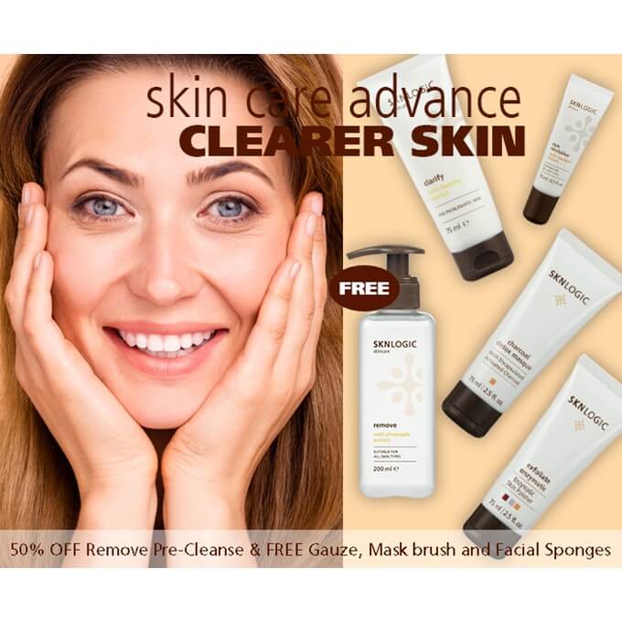SKNLogic - Advance Kit - Clearer Skin Kit (Eye Revitalize, Clarify, Charcoal Detox MasqueExfoliate Enzymatic, Renew Mist, and FREE Gauze & Facial Sponges) - Image 2