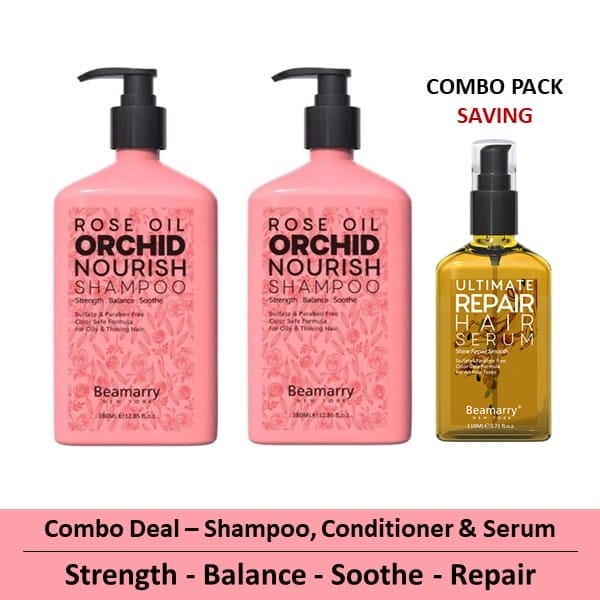 Combo-3 - Beamarry Rose Oil Orchid Nourish Shampoo & Conditioner 380ml & Ultimate Repair Hair Serum 110ml