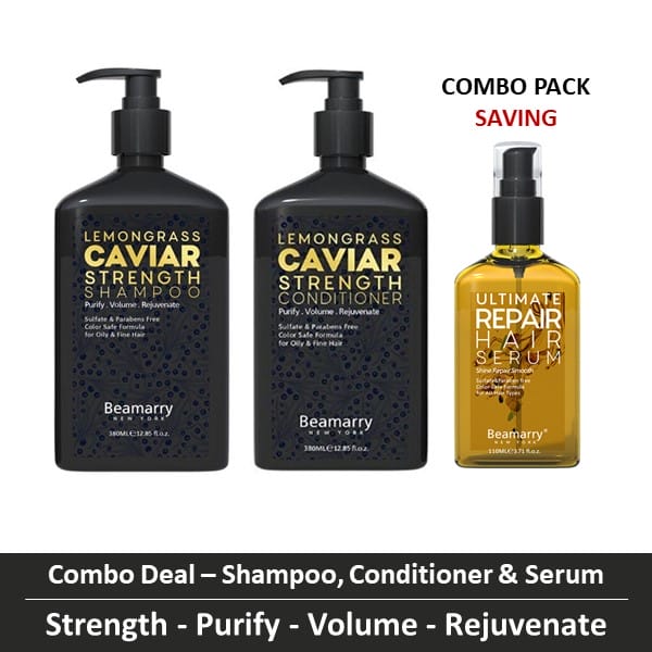 Combo-3 - Beamarry Lemongrass Caviar Strength Shampoo & Conditioner 380ml & Ultimate Repair Serum 100ml