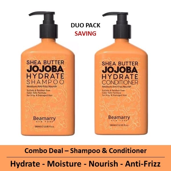Beamarry Shea Butter Jojoba Hydrate Duo (Shampoo & Conditioner) 380ml - Moisture, Anti-Frizz, Nourish. Sulfate & Paraben Free, Color Safe Formula for Tangled Dry / Frizzed & Damaged Hair