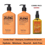 Beamarry Trio Pack - Beamarry Shea Butter Jojoba Hydrate Shampoo & Conditioner 380ml & Keratin Hair Serum 110ml - Moisture, Anti-Frizz, Nourish. Sulfate & Paraben Free, Color Safe Formula for Tangled Dry / Frizzed & Damaged Hair