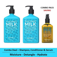 Beamarry Trio Pack - Beamarry Coconut Milk Moisture Shampoo & Conditioner 380ml & Hair Serum 110ml - Detangling, Moisture Hydrate. Sulfate & Paraben Free, Color Safe Formula for Dry & Damaged Hair