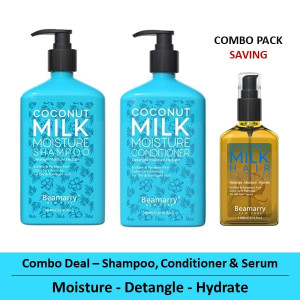 Beamarry Trio Pack - Beamarry Coconut Milk Moisture Shampoo & Conditioner 380ml & Hair Serum 110ml - Detangling, Moisture Hydrate. Sulfate & Paraben Free, Color Safe Formula for Dry & Damaged Hair