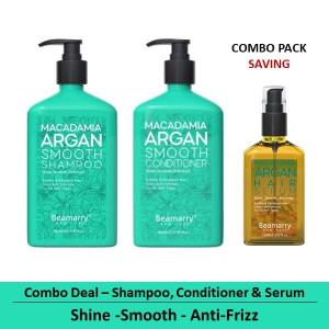 Beamarry Trio Pack - Beamarry Macadamia Argan Smooth Shampoo & Conditioner 380ml & Hair Serum 110ml - Shine, Smooth, Anti-Frizz. Sulfate & Paraben Free, Color Safe Formula for All Hair Types
