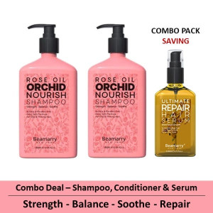 Beamarry Trio Pack - Beamarry Rose Oil Orchid Nourish Shampoo & Conditioner 380ml & Ultimate Repair Hair Serum 110ml - Strength, Balance, Soothe. Sulfate & Paraben Free, Color Safe Formula for Oily & Thinning Hair
