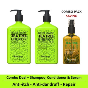 Beamarry Trio Pack - Beamarry Rosemary Tea Tree Energy Shampoo & Conditioner 380ml & Hair Serum 110ml - Anti-dandruff, Anti-hairloss, Anti-itching. Sulfate & Paraben Free, Color Safe Formula for Thin & Fine Hair