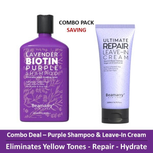 Beamarry Lavender Biotin Duo (Biotin Purple Shampoo 380ml & Ultimate Leave-In Cream 200ml) - Eliminates Brassy & Yellow Tones in coloured hair. Sulfate & Paraben Free, Color Safe Formula for Blond & Grey Hair