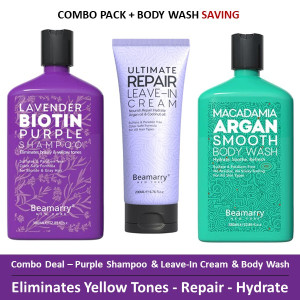 Beamarry Trio Pack - Beamarry Lavender Biotin Purple Shampoo 380ml & Ultimate Leave-In Cream 200ml & Body Wash - Eliminates Brassy & Yellow Tones in coloured hair. Sulfate & Paraben Free, Color Safe Formula for Blond & Grey Hair