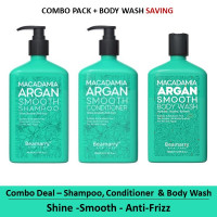 Beamarry Trio Pack - Beamarry Macadamia Argan Smooth Shampoo & Conditioner 380ml & Body Wash - Shine, Smooth, Anti-Frizz. Sulfate & Paraben Free, Color Safe Formula for All Hair Types