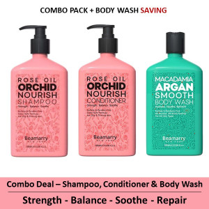 Beamarry Trio Pack - Beamarry Rose Oil Orchid Nourish Shampoo & Conditioner 380ml & Body Wash - Strength, Balance, Soothe. Sulfate & Paraben Free, Color Safe Formula for Oily & Thinning Hair