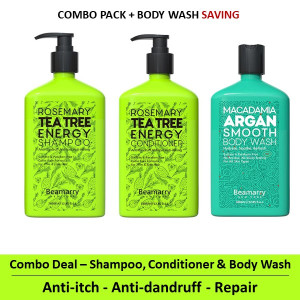 Beamarry Trio Pack - Beamarry Rosemary Tea Tree Energy Shampoo & Conditioner 380ml & Body Wash - Anti-dandruff, Anti-hairloss, Anti-itching. Sulfate & Paraben Free, Color Safe Formula for Thin & Fine Hair