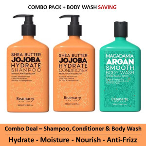 Beamarry Trio Pack - Beamarry Shea Butter Jojoba Hydrate Shampoo & Conditioner 380ml & Body Wash - Moisture, Anti-Frizz, Nourish. Sulfate & Paraben Free, Color Safe Formula for Tangled Dry / Frizzed & Damaged Hair