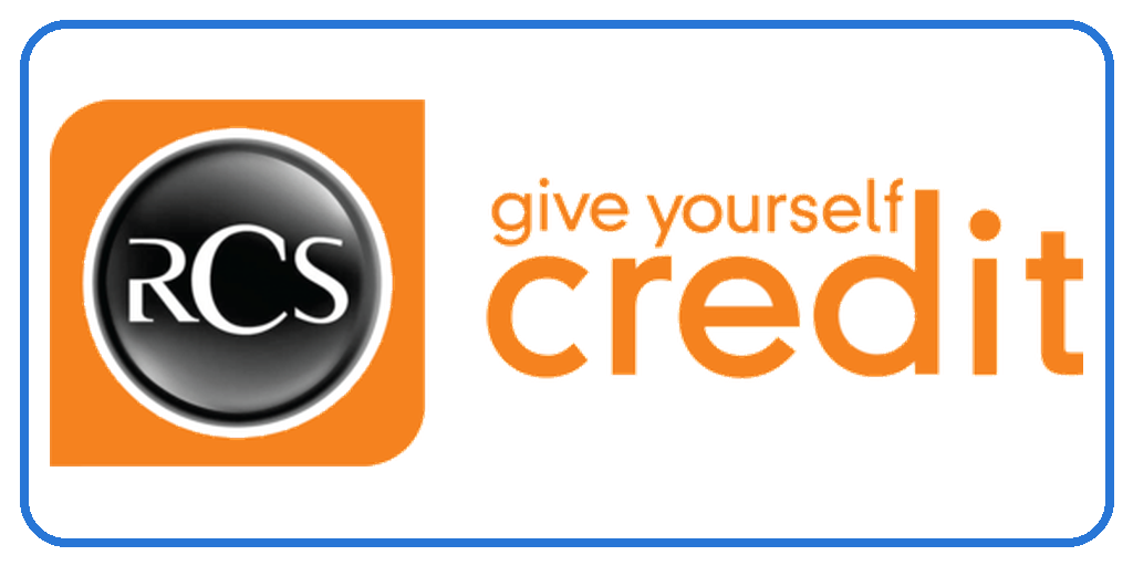 RCS logo featuring an orange rounded square with a black circular emblem and the slogan 'give yourself credit' in orange text.