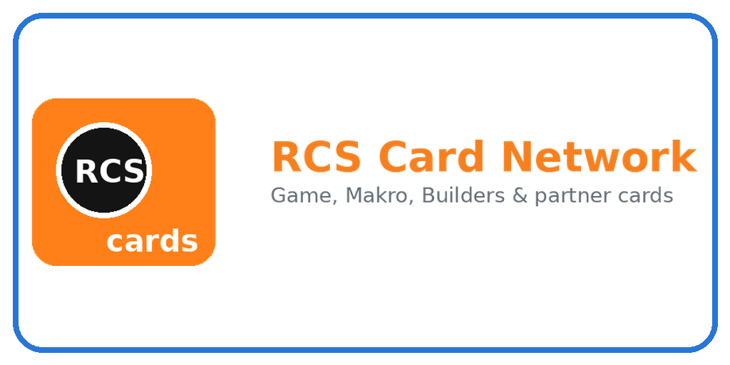 RCS Card Network logo: orange rounded square with a black circle showing 'RCS' and the word 'cards', plus orange 'RCS Card Network' and gray subtitle 'Game, Makro, Builders & partner cards'