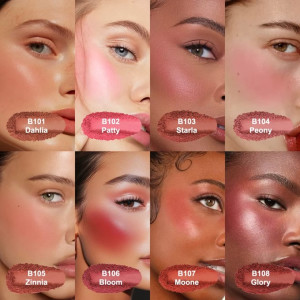 Eight close-up shots of models wearing different blush shades labeled B101 to B108, showing varied cheek and lip tones on each portrait.