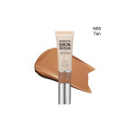 Tube labeled 'Sensitive Skin Serum' with a tan foundation swatch behind it; shade N05 Tan