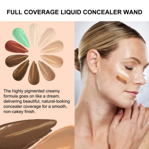 Split ad showing color swatches and product text on left and a woman applying beige concealer on her cheek on the right for a full-coverage liquid concealer wand.