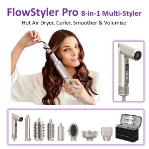 HiTechBeauty FlowStyler Pro 8-in-1 Multi-Styler - Hot Air Dryer, Curler, Smoother & Volumiser (with travel case)