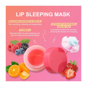Lip sleeping mask jar open on a pink gradient background, surrounded by berries and citrus, with highlighted ingredient labels (macadamia seed oil, vitamin E, murumuru seed butter) indicating skin smoothing and moisture benefits.