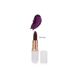 Dark purple lipstick in a white case with rose-gold collar and a purple smear above; shade 112 Foxy (lipstick swatch).