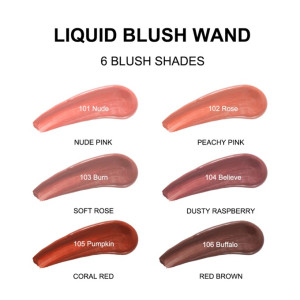 Six liquid blush swatches in two columns with shade names: 101 Nude, 102 Rose, 103 Burn, 104 Believe, 105 Pumpkin, 106 Buffalo, showing Nude Pink to Red Brown range.