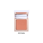 Open square makeup compact showing peachy-pink blush; shade labeled B101 Dahlia, with mirrored lid
