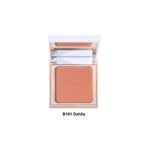 Open square makeup compact showing peachy-pink blush; shade labeled B101 Dahlia, with mirrored lid