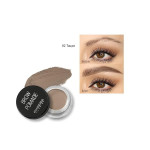 Eyebrow pomade pot labeled 'Brown Pomade' with taupe shade swatch and a before/after brow enhancement image for makeup use.