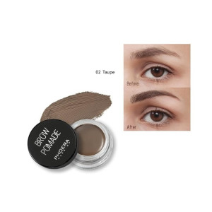 Brow pomade jar in taupe shade 02 with swatch and a before/after eyebrow comparison image.