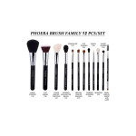 12-piece Phoera makeup brush set displayed in a row, from large powder to small angled lash brushes with labeled names underneath