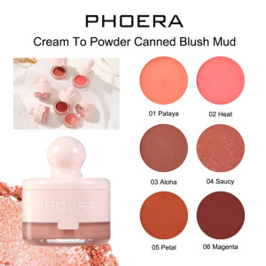 PHOERA Cream-to-Powder Canned Blush Mud with six color swatches labeled 01 Pataya, 02 Heat, 03 Aloha, 04 Saucy, 05 Petal, 06 Magenta and a pink jar container image.