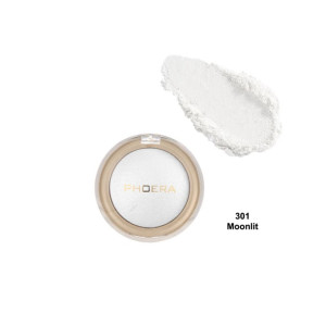 Phoera 301 Moonlit eyeshadow compact with a white powder swatch beside it.