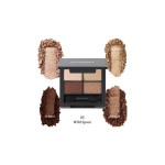 Four-shade eyeshadow palette (05 Wild Space) with beige, taupe, and brown tones, labeled Drizzle, Caramel, Pebble, and Moody in a compact case around swatches.