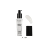 Phoera foundation bottle with pump, shade 01 Light, shown with a swatch and black cap nearby.