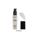 Phoera foundation bottle with pump, color-changing formula, beige swatch, and black cap; shade 02 Medium.