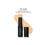 Lipstick in shade 202 Nude with light skin-toned foundation swatch behind; open tube showing beige cap and brand PHOERA Make Up.
