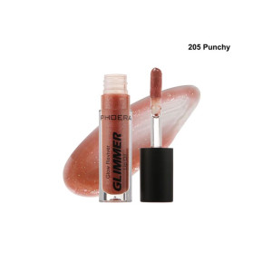 Phoera Glimmer lip gloss in shade 205 Punchy with applicator and peach-pink swatch behind the bottle.