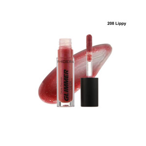 Lip oil/gloss in pink-red shade labeled 'Glimmer' with applicator wand next to the tube; behind it a glossy red smear. Shade reads '208 Lippy' on the top right.