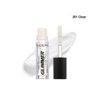 Phodera Glimmer Lip Oil in a clear bottle with a black cap and dropper, shown beside a glossy smear on a white background.