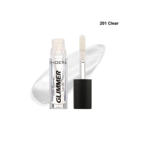 Phodera Glimmer Lip Oil in a clear bottle with a black cap and dropper, shown beside a glossy smear on a white background.