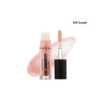 Lip gloss tube labeled 'Glimmer' with pink shade, wand applicator removed, pink swatch behind; shade 203 Candy.