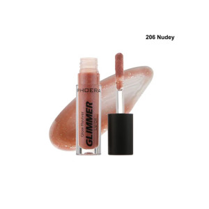 Phoera Glow Reviver Glimmer lip oil in shade 206 Nudey, with wand applicator next to the bottle and a nude-pink swatch behind it