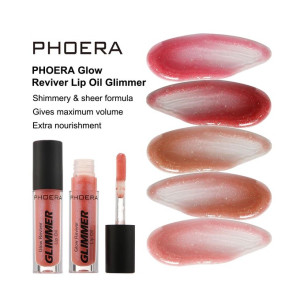 PHOERA Glow Reviver Lip Oil Glimmer set with pink lip oils and plump, shimmery swatches on the right.