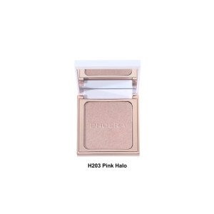 Compact makeup powder in a rose-gold case with the lid open, labeled H203 Pink Halo, a shimmery highlighter inside