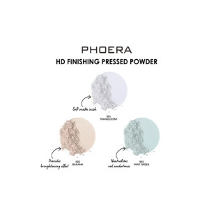 PHOERA HD Finishing Powder infographic showing three shades: 001 Translucent, 002 Banana (brightening), 003 Mint Green (neutralizes red undertones).