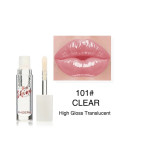 Lip gloss bottle with wand beside a pink glossy lip swatch; shade 101# CLEAR, high gloss translucent surface showpiece.