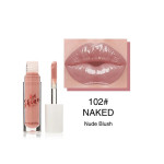 Lip gloss in peachy nude shade with applicator beside a swatch and the label 102# NAKED Nude Blush.