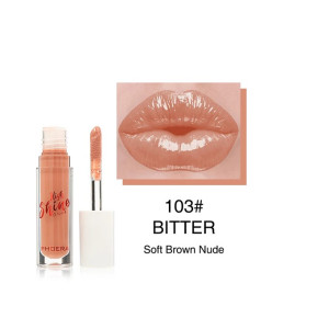 Phoera High Shine lip gloss in shade 103# Bitter, Soft Brown Nude, with applicator beside the bottle.