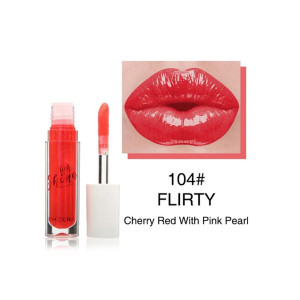 Lip gloss bottle and applicator in cherry red with pink pearl, shade 104 Flirty, shown beside a swatch.