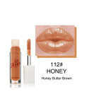 Lip gloss tube labeled 112 Honey with a honey-brown shade swatch and lips illustration demonstrating the color behind.